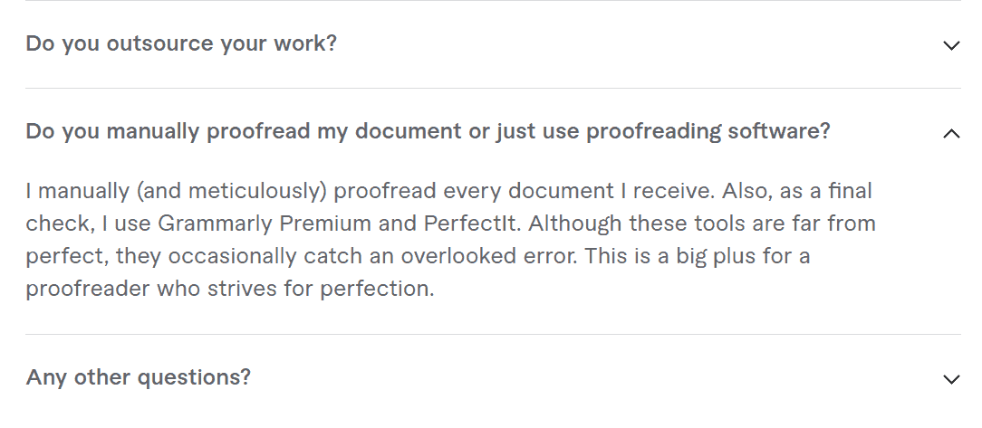 A screenshot showing a few of the frequently asked questions I included in the FAQ of my gig. 