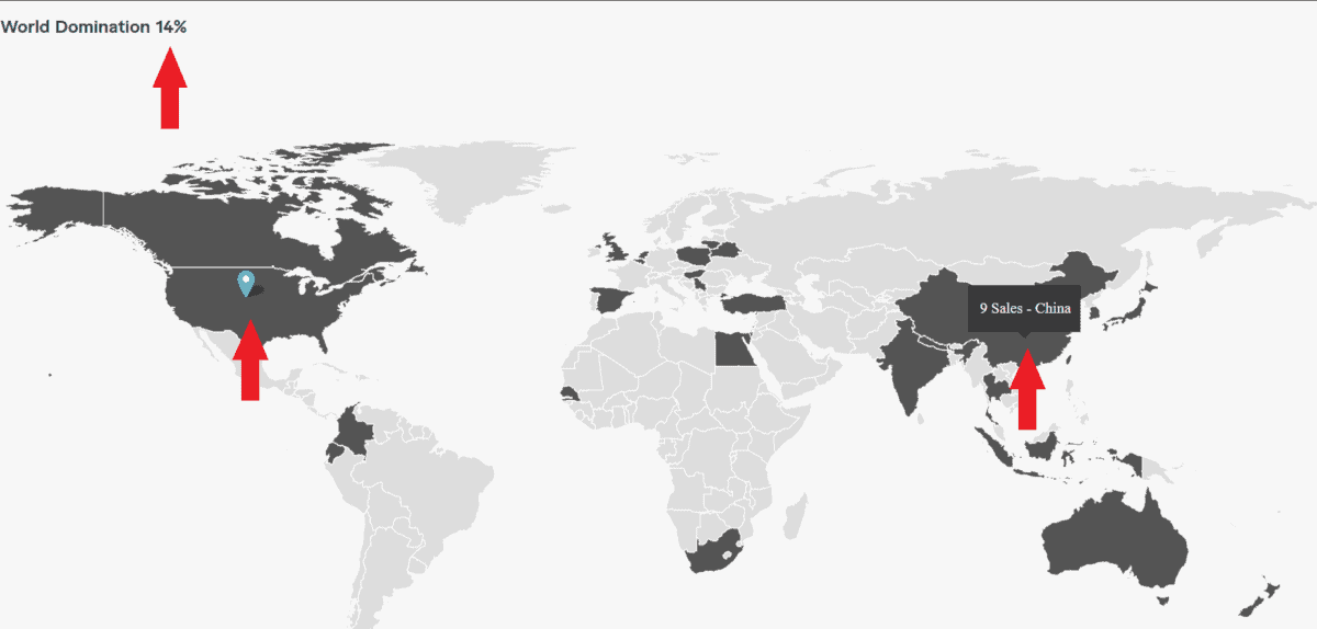 A map with highlighted countries indicating where I've made sales. My "world domination" is 14%.