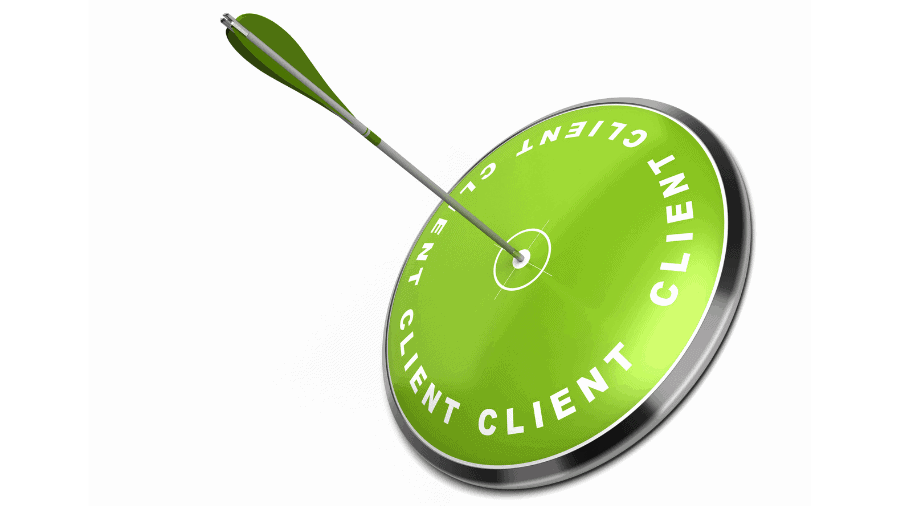 A round, green target with the word "client" written many times around its border. An arrow is in the middle of the target. 