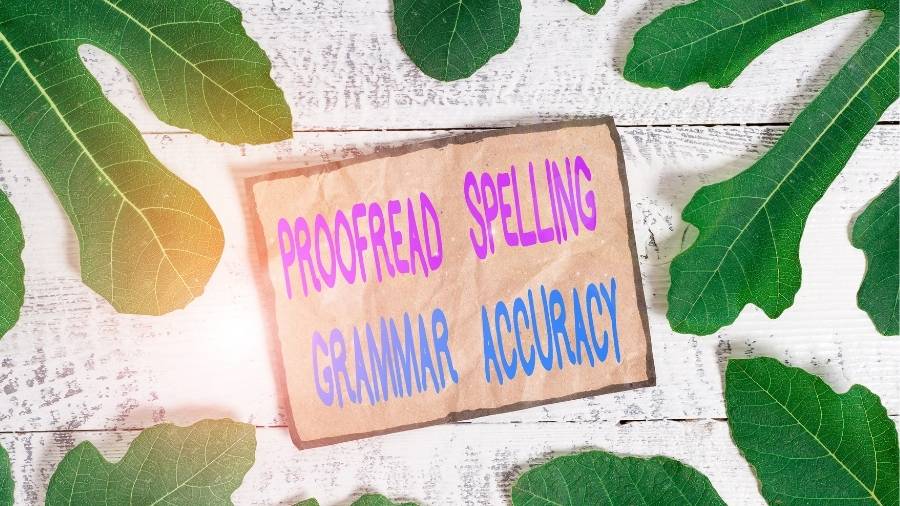 The words "Proofread," "Spelling," "Grammar," and "Accuracy" are written on brown paper. 