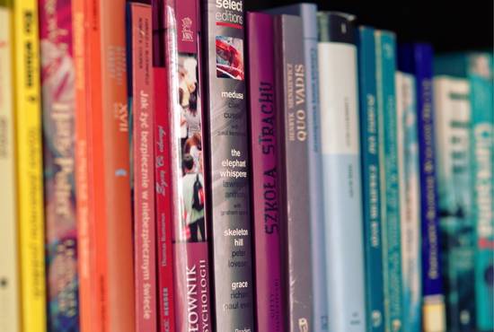 A random assortment of brightly colored books. 