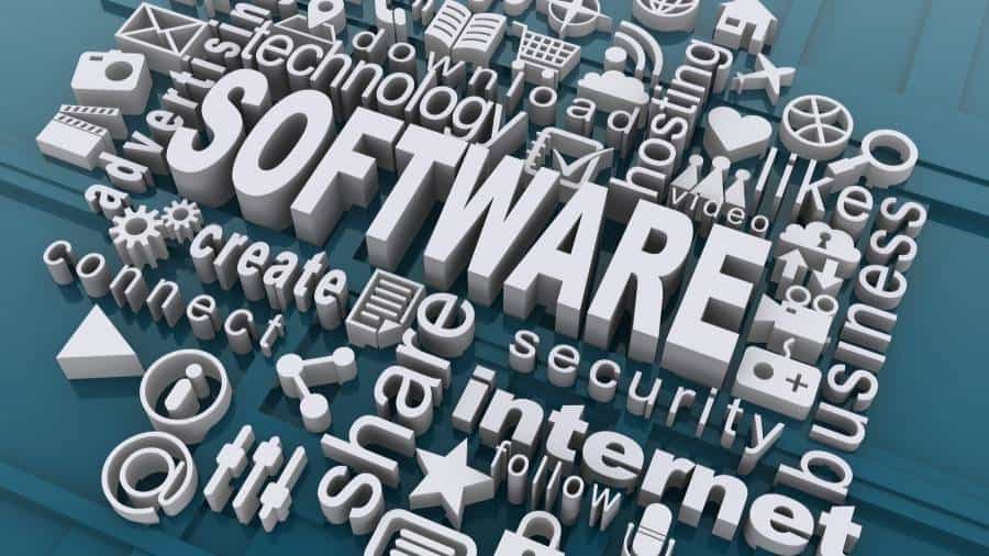 The word "Software" written in big letters, surrounded by related words like "technology," "download," and "security." 