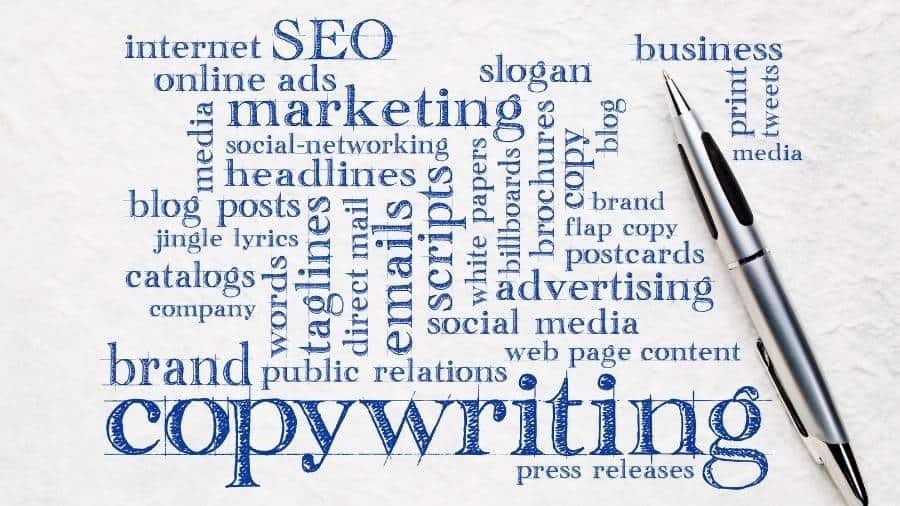 The word "copywriting" written in big letters with related words like "brand," "emails," and "marketing" surrounding it. 