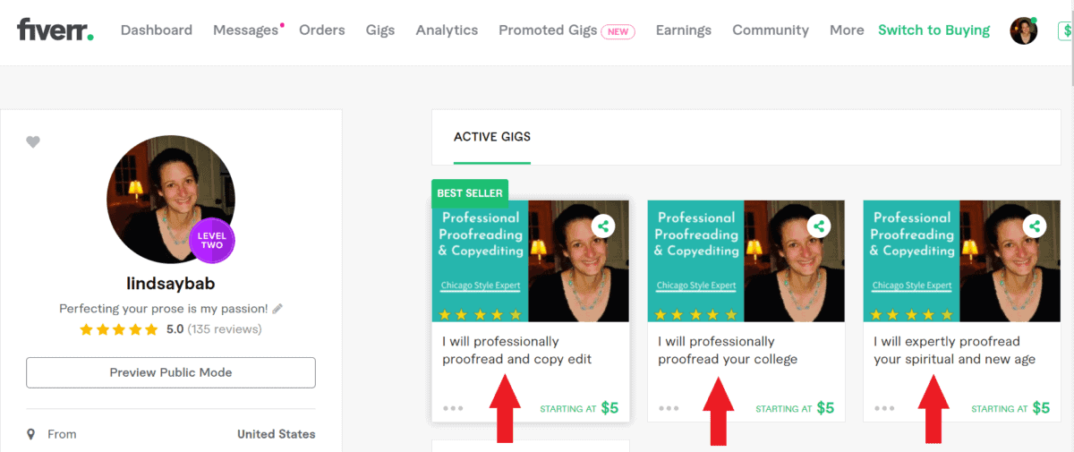 Thumbnails of my three proofreading gigs on Fiverr and my profile picture as a level-two seller with a five-star rating.