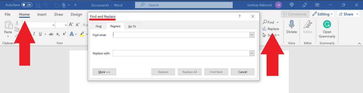 Screenshot in Microsoft Word showing the Home tab and where the Find and Replace tool can be found. 