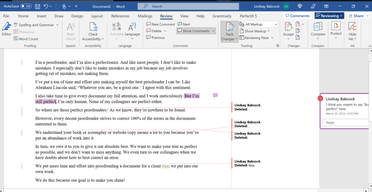 Screenshot of an MS Word document showing deletions, insertions, and a comment I made using Track Changes. 