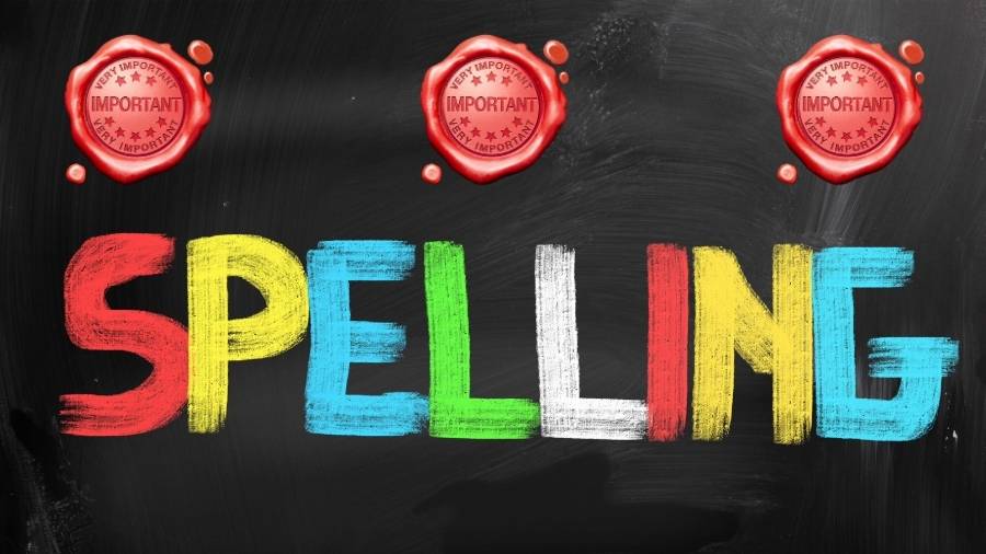 The word "Spelling" written on a chalkboard and three wax stamps that say "Very Important." 