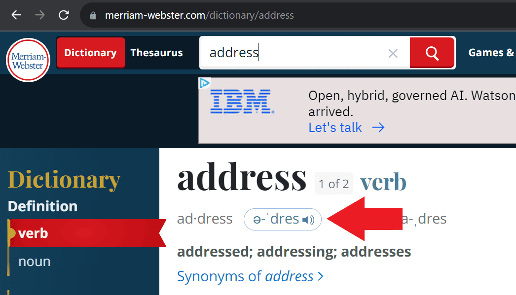 A screenshot from the Merriam-Webster.com Dictionary showing the entry for the word "address" with a red arrow pointing to the pronunciation button. 